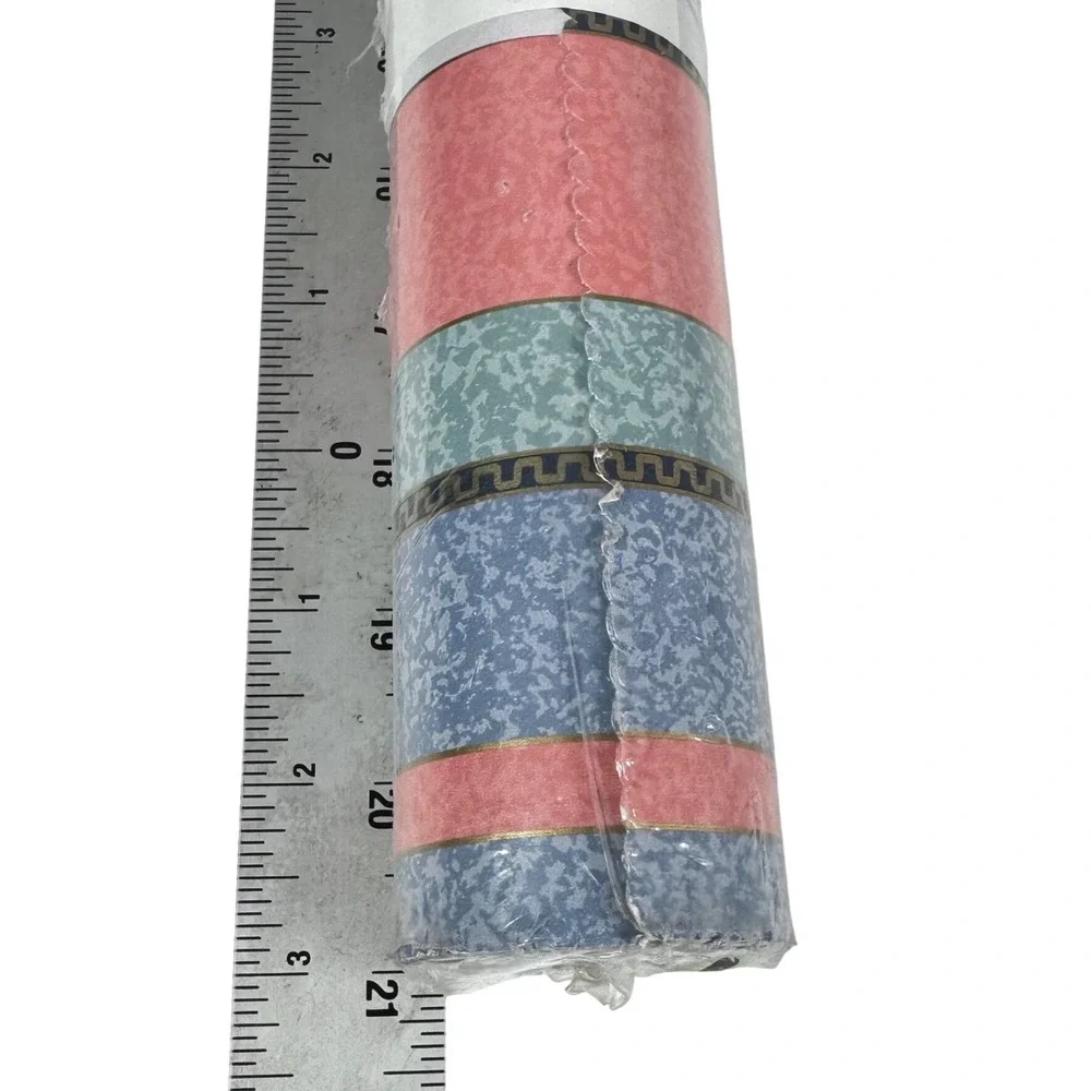 Birge Vintage Wallpaper Striped Pink Blue Pastels Gold Greek Key 55.4 sq ft New